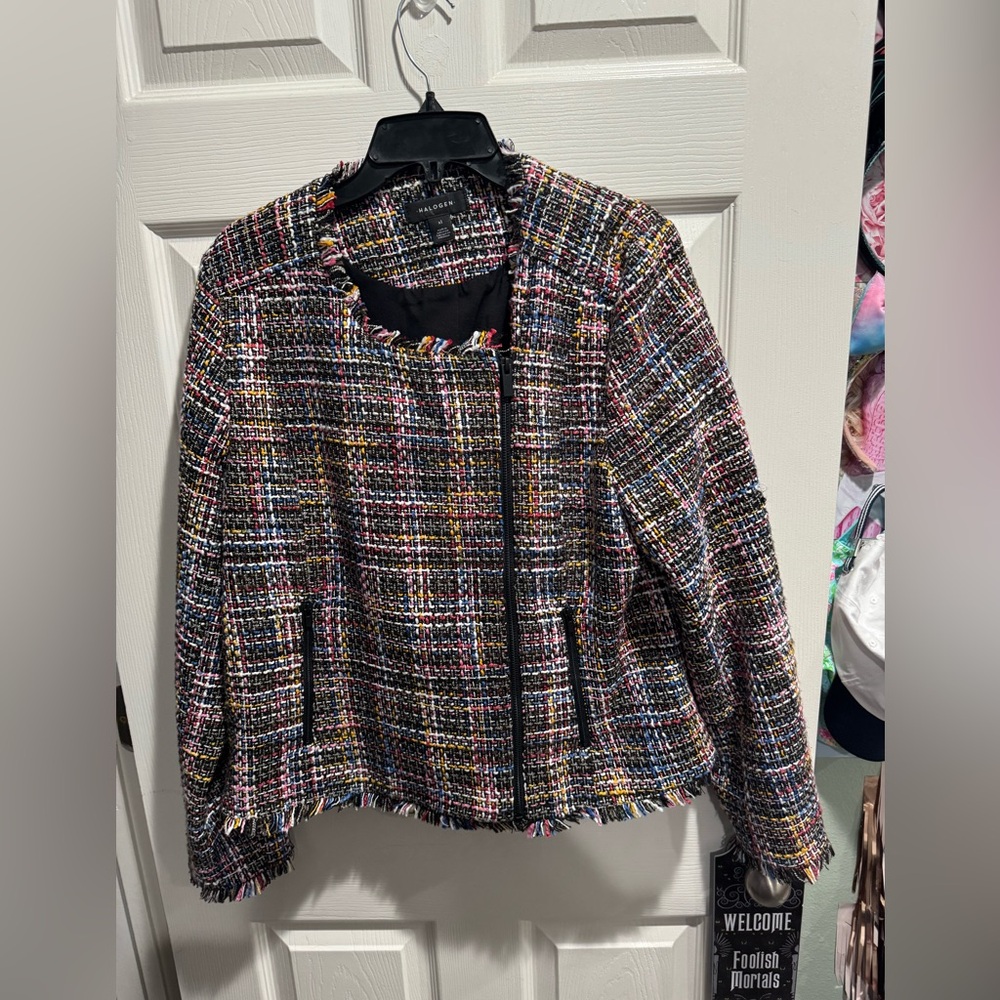 Halogen multicolored tweed jacket w/black zipper/zippered pockets size XL